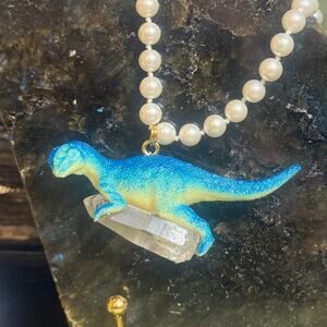 Upcycled Dinosaur Necklace with Vintage Pearl Strand & Clear Quartz Crystal